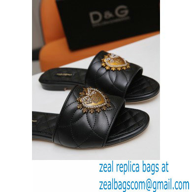 Dolce  &  Gabbana Leather Sliders Black with Devotion Heart 2021